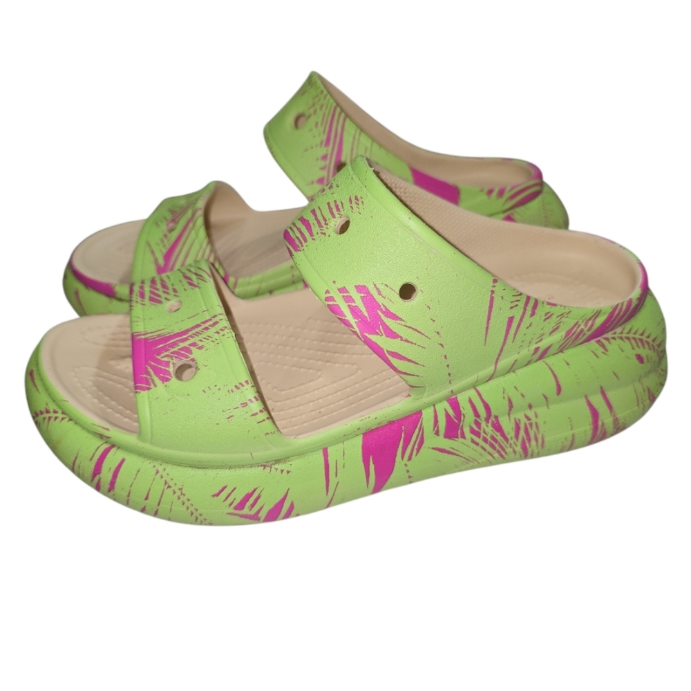 Crocs Crush Sandals Bold Green Pink Print 2 Strap Chunky Platforms 8 Women - Picture 4 of 9